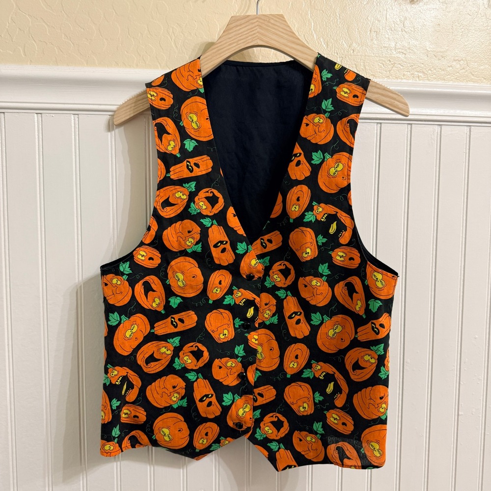 Vintage Whimsy Halloween Pumpkin Button Front Vest, Black Orange,S